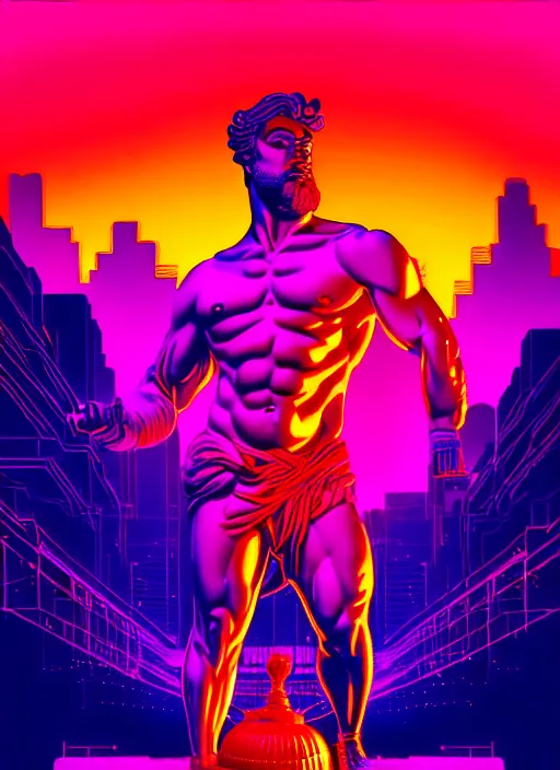 Image similar to statue of hercules, beeple, android jones, liam wong, ( ( ( ( ( dan mumford ) ) ) ) ), vaporwave, retrowave, black background, neon wiring, black, glitch, strong contrast, cuts, pinterest, trending on artstation