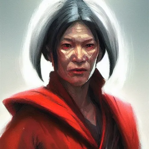 Image similar to portrait of a woman by greg rutkowski, jedi queen, half asian, black bob hair, star wars expanded universe, she is about 5 0 years old, wearing jedi red robes.