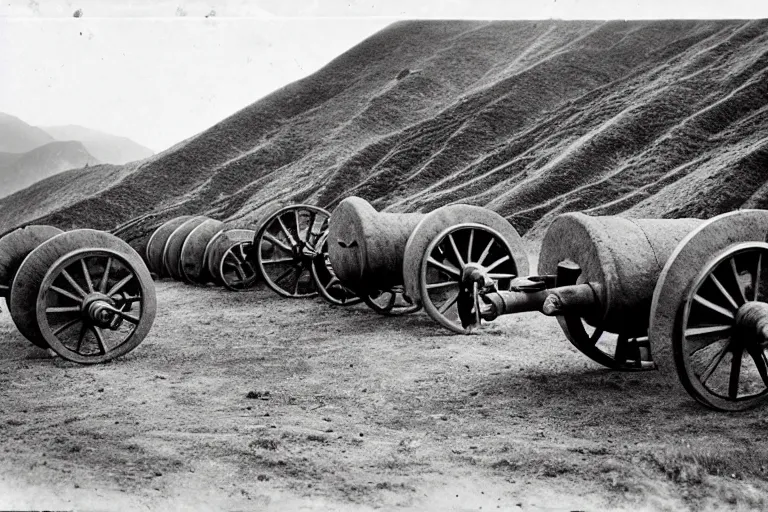 Image similar to artillery pieces entrenched with a beautiful background of hills and mountains, black and white photography, 1 9 0 5