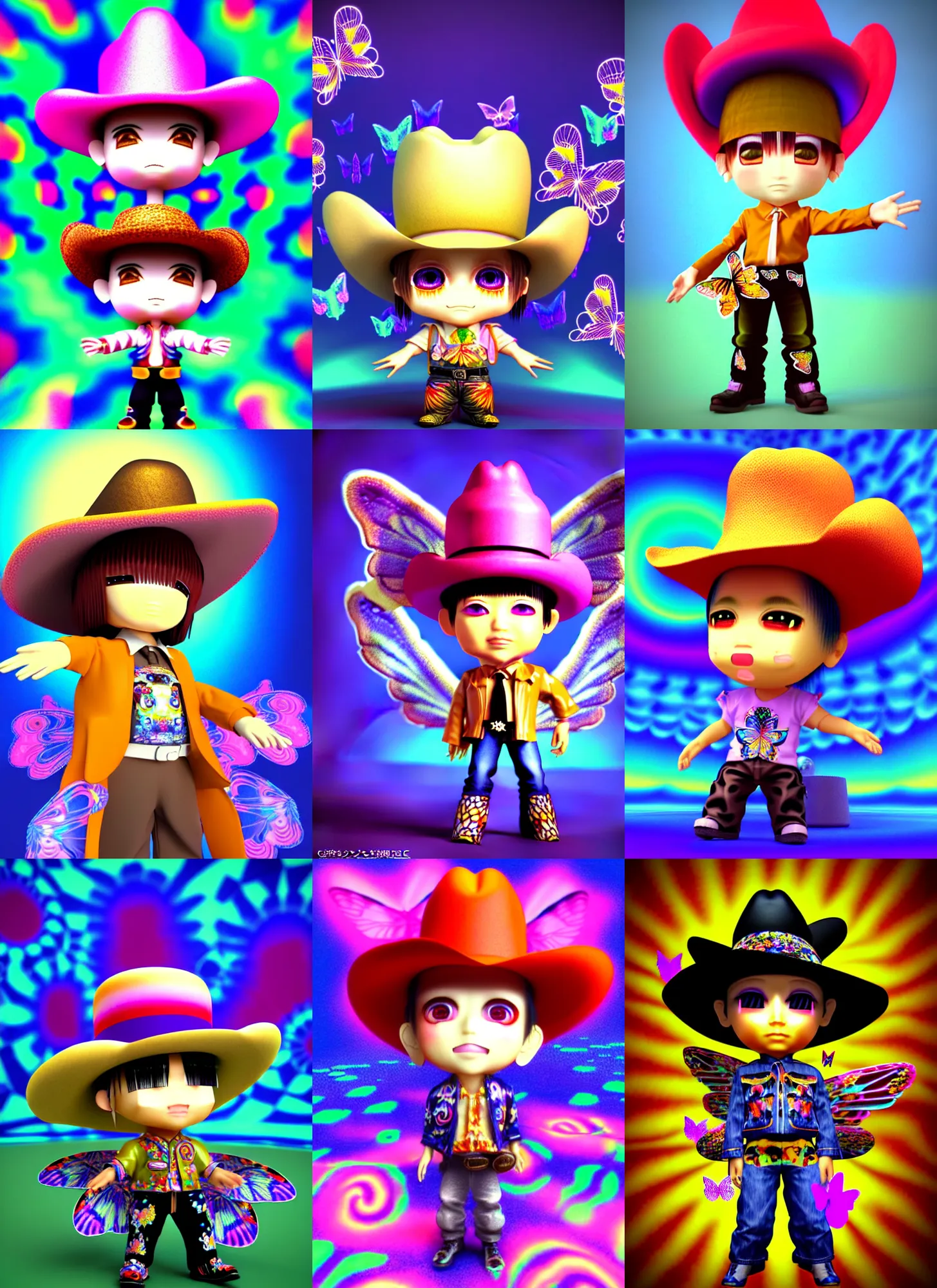 Prompt: 3d render of chibi majokko by Ichiro Tanida wearing a big cowboy hat and wearing angel wings against a psychedelic swirly background with 3d butterflies and 3d flowers n the style of 1990's CG graphics 3d rendered y2K aesthetic by Ichiro Tanida, 3DO magazine