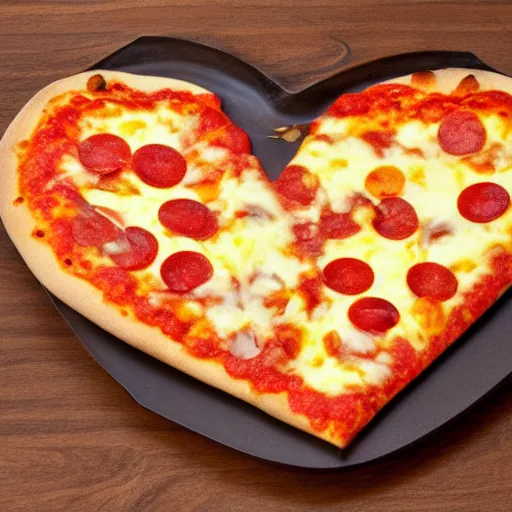 Image similar to heart shaped pizza with alot of cheese, on a wooden plate