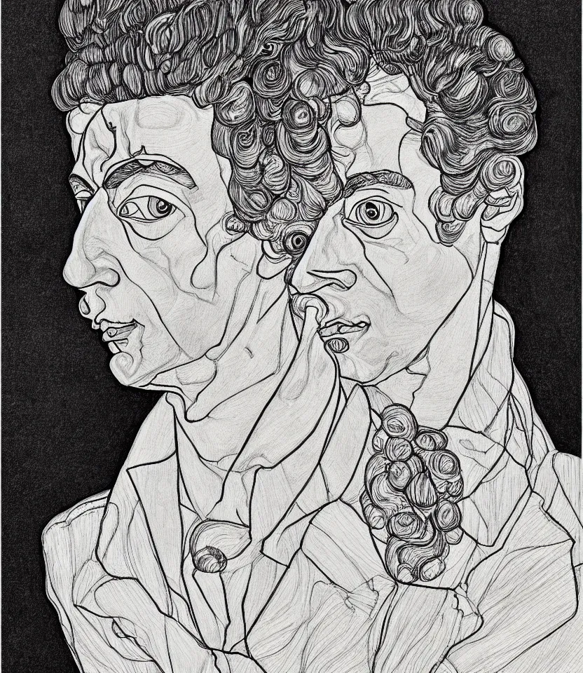 Prompt: detailed line art portrait of mozart, inspired by egon schiele. caricatural, minimalist, bold contour lines, musicality, soft twirls curls and curves, confident personality, raw emotion