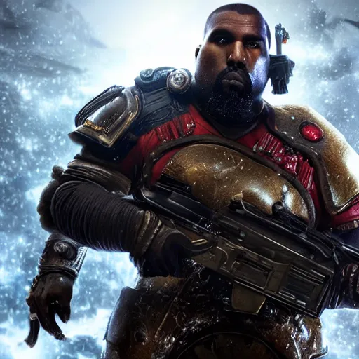 Image similar to Kanye West as santaclaus in 'Gears of War', splash art, movie still, cinematic lighting, detailed face, dramatic, octane render, long lens, shallow depth of field, bokeh, anamorphic lens flare, 8k, hyper detailed, 35mm film grain