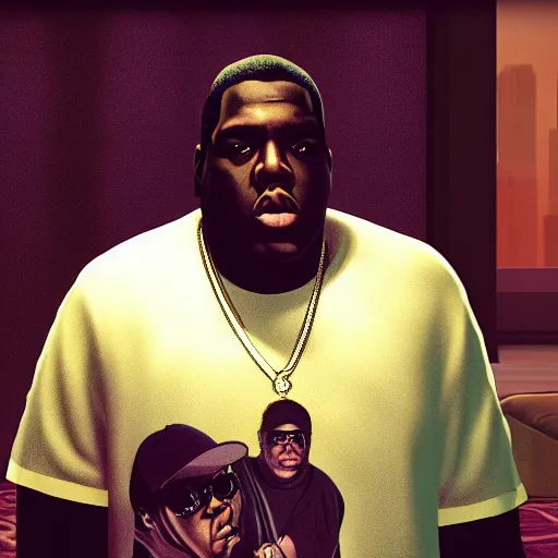 Image similar to Portrait of Biggie Smalls in GTA IV, splash art, movie still, cinematic lighting, dramatic, octane render, long lens, shallow depth of field, bokeh, anamorphic lens flare, 8k, hyper detailed, 35mm film grain