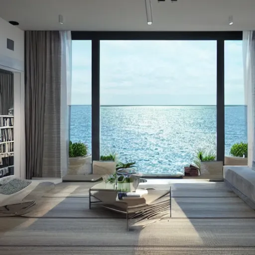 Image similar to modern interior home design, living room with window facing the sea and sun, photorealistic, ultra-detailed, HDR, high resolution