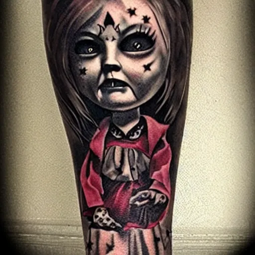 Prompt: tattoo of the annabelle doll, dark, scary, horror, high detail