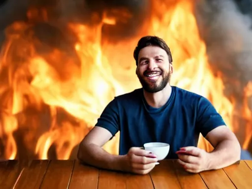 Prompt: a happy man sitting at a table and taking a sip of coffee while his house burns around him