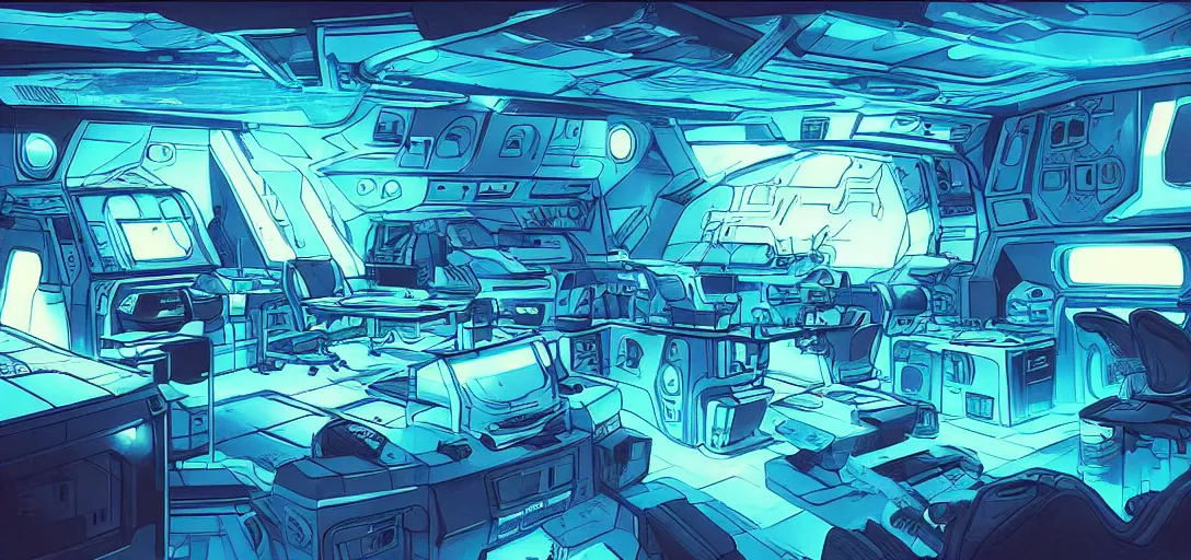 Prompt: “Spaceship board, zenithal view, blue neon light, inside a dark room, in the graphic style of Patrick Gleason, detailed art, artstation, comic art ”