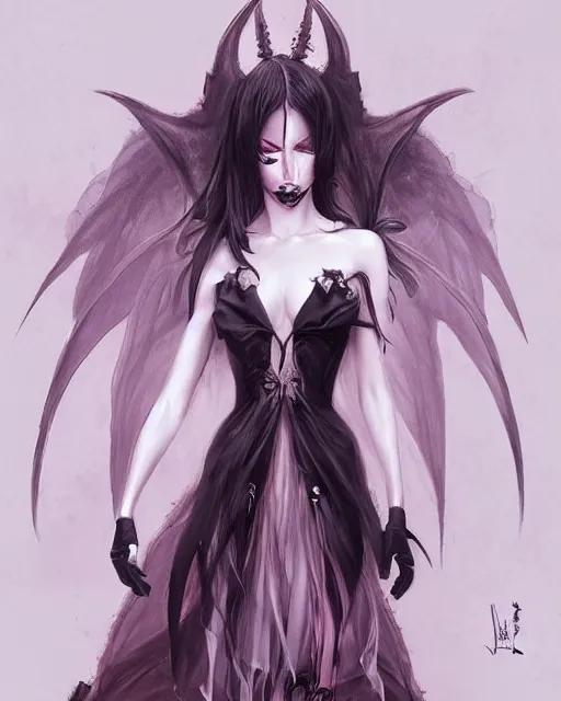 Prompt: Anime demon girl wearing haute couture by 'alexander mcqueen', art of ‘B.c.N.y.’ and artgerm and wlop, elegant, ominous, concept art, digital painting, highly detailed, intricate, trending on artstation