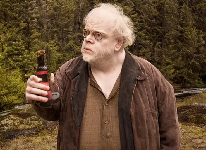 Prompt: First image from Guillermo del Toro's new film Blackadar, starring Toby Jones as a thrill-seeking alcoholic retiree in a mountain town in 1970s Idaho. Cinematography by Dan Laustsen, shot on Kodak Vision 200T. 8k print.
