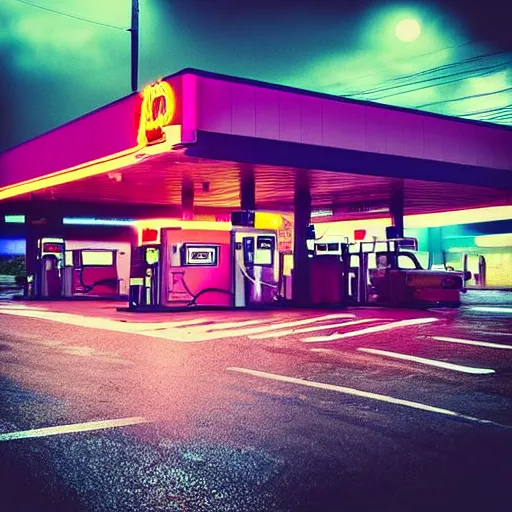 Image similar to “gas station photography, neon, heavy rain, cars, cyberpunk, various subjects, 8k, high detail, digital photography, in the style of William eggleston”