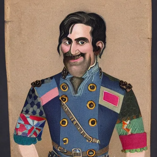 Prompt: 1 9 th century style portrait of a a middle aged half orc with blueish intelligent eyes, wearing a bemused fanged smile on his face. dressed in a patchwork military uniform jacket with cut sleeves, runic arm tattoos, his jacket has many charms and baubles and an upturned collar.