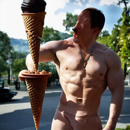 Prompt: Hitler buff physique eating a double scoop ice cream cone outside