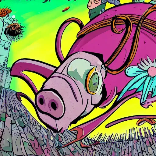 Image similar to trippy comic art of a pig flying with wings in Martin Rowson Tim Burtons style Studio Ghibli by Alex Pardee, Nekro Petros Afshar, James McDermott, unstirred paint, vivid color, cgsociety 4K