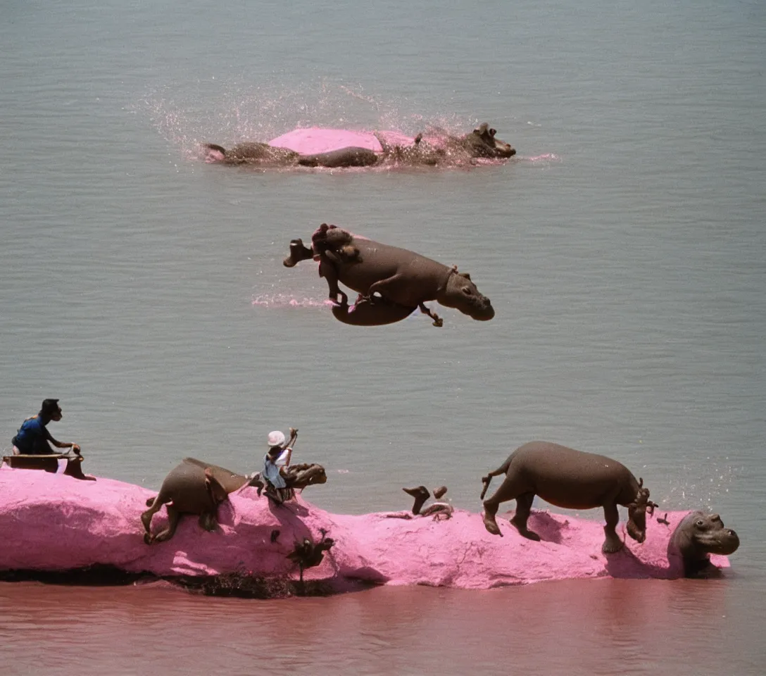 Image similar to a 3 5 mm photography, kodachrome colour of one grandpa riding a hippo in a pink lake, taken by martin parr