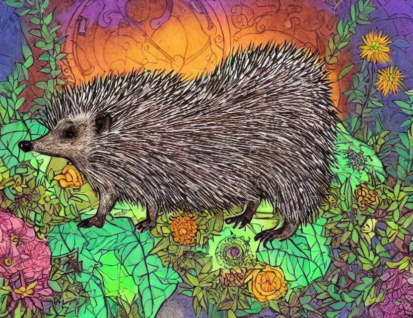 Image similar to anthromorphic hedgehog in steampunk vaporwave courtyard garden. complementary colors, gouache, indie concept art, bloom, chiaroscuro, backlighting, intricate details.