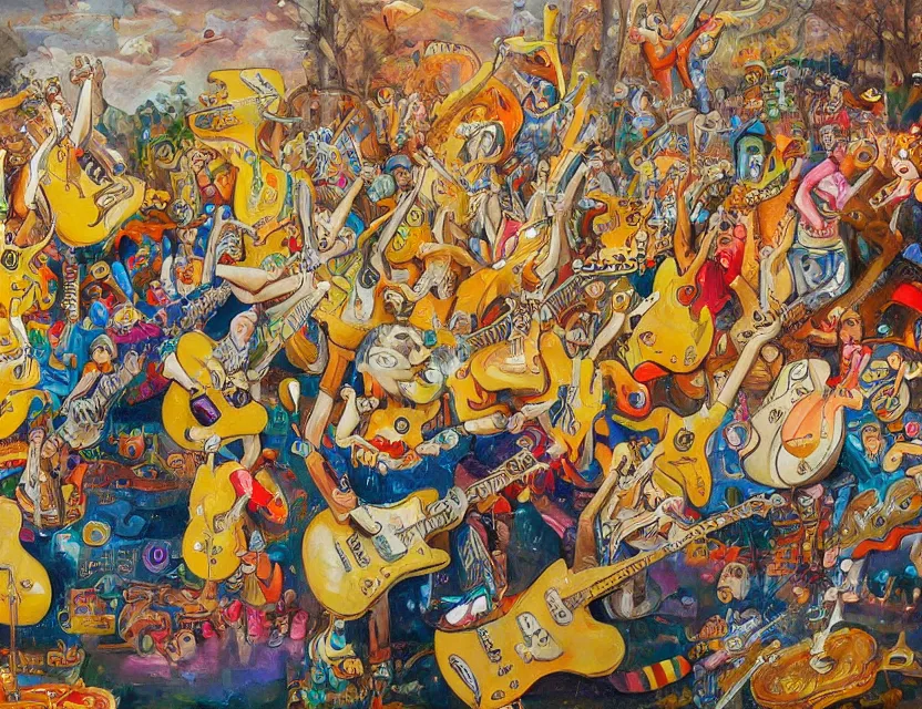 Prompt: a detailed oil painting of a concert by going bananas with guitars while the gold fishes are stoned and smiling in the sky in the style of artist James Jean
