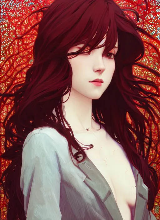 Image similar to pretty young woman with shoulder length shiny shimmering dark red hair and wearing leather suit, path traced, highly detailed, high quality, digital painting, by studio ghibli and alphonse mucha, leesha hannigan, makoto shinkai, disney