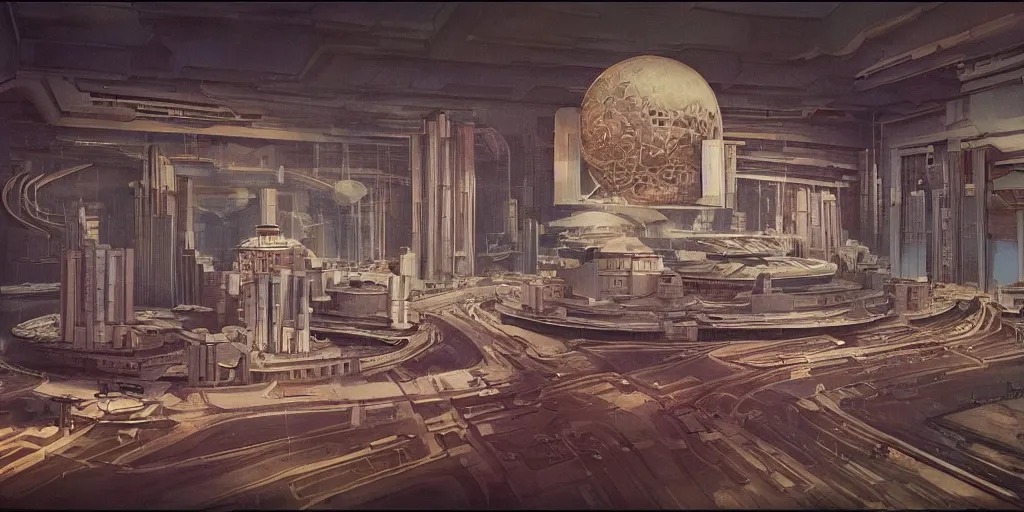 Image similar to Architectural model of a Soviet era science fiction set painted by James Jean, cinematography by Yo-Yo Ma, composition by Fritz Lang