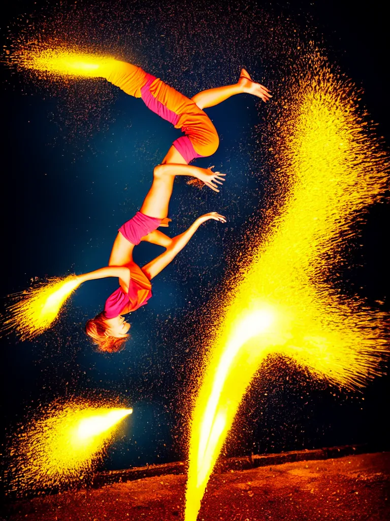 Prompt: a perfect colorised portrait photograph of a backflip woman, erupting in every direction, jets of glowing effluent and metallic chunks.