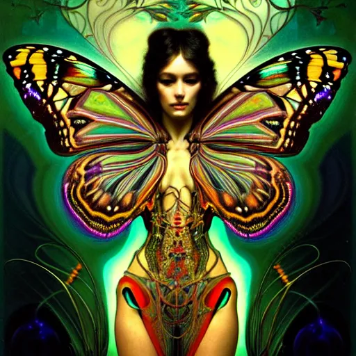 Prompt: extremely psychedelic beautiful cyborg butterfly infected by night. intricate, elegant, highly detailed, extremely lifelike photorealistic digital painting, artstation. steichen, gaston bussiere, tom bagshaw, cyberpunk alphonse mucha. totally elegant. anatomically correct. sharp focus. black and gold. surreal lush cosmic hallucination