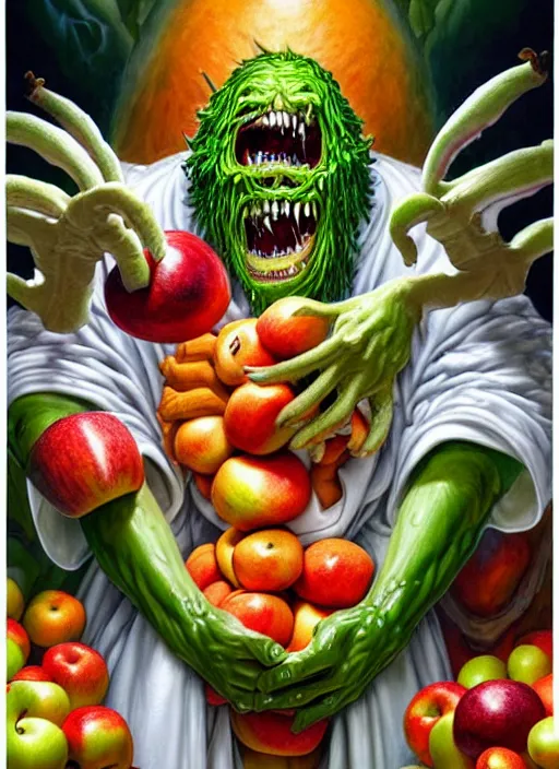 Image similar to full body shot of a monster man in a white robe, green skin, dressed in all white, covered in different fruit, apples, oranges, bananas, intricate, highly detailed, concept art, hyperrealistic, oil painting by greg staples and tristan eaton, 8 k