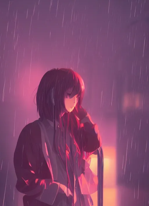 Prompt: listening to music at 2 am, night, pretty girl, pose, rain, lofi, lofi, peaceful, street light, anime key visual, poster, anime, by wlop, high quality, 4 k, trending, trending on artstation