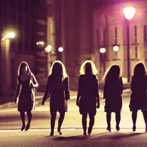 Prompt: A group of women sleepwalking along a deserted nighttime street, photorealistic