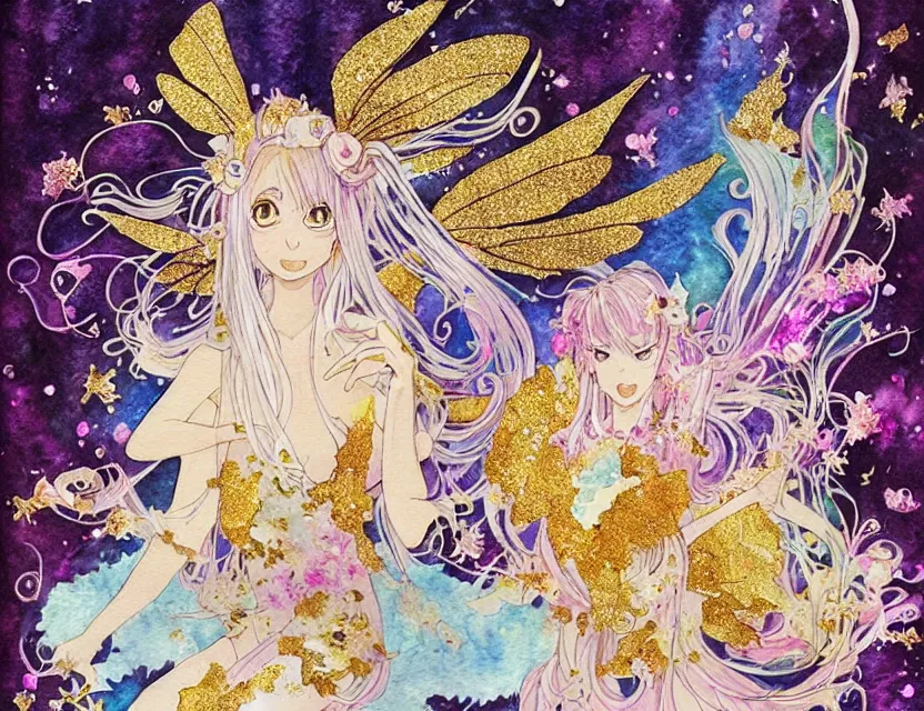 Image similar to faerie spirit of cupcakes in a crystal cave. this watercolor and gold leaf work by the award - winning mangaka has a beautiful composition and intricate details.