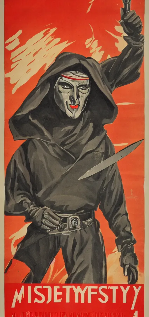 Prompt: mistery man in hood and red eyes with a knife, 1940s propaganda poster, full hd,highly detailed