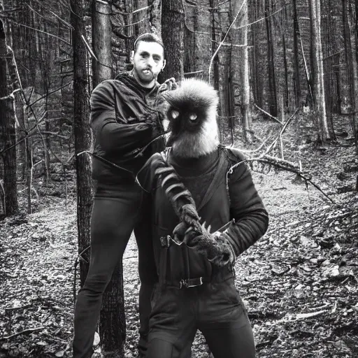 Image similar to !!! chimera consisting of male human and crow, photograph captured in a forest