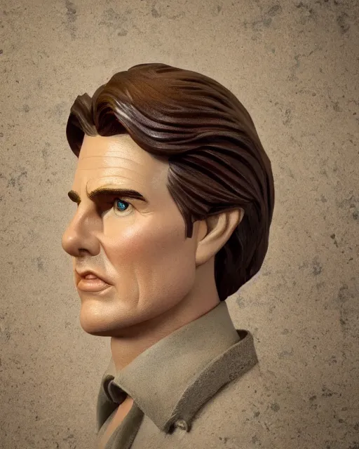 Image similar to highly detailed closeup, face profile portrait of a low poly tin toy tom cruise, depth of field, nicoletta ceccoli, mark ryden, lostfish, max fleischer, breathtaking, detailed and intricate environment, 8 k resolution, hyperrealistic, octane render