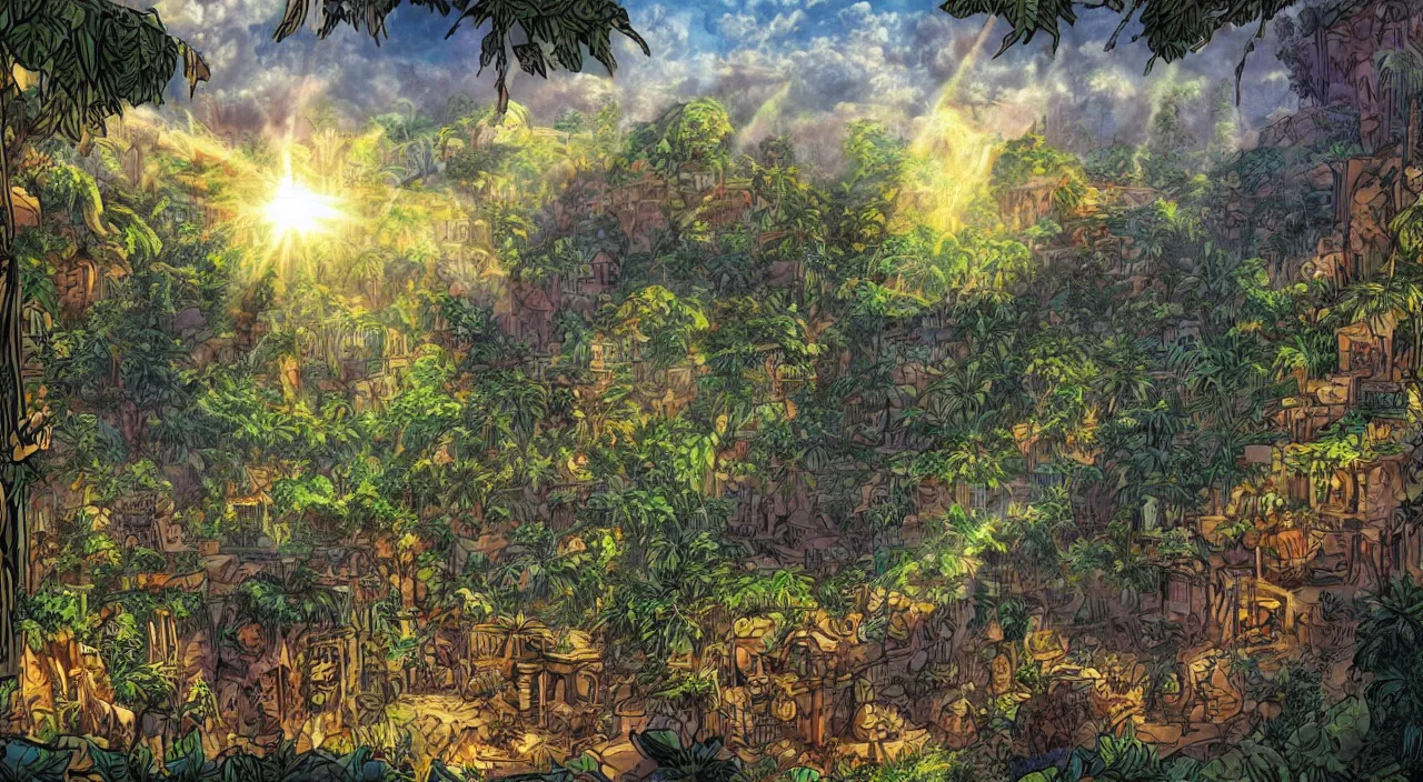 Image similar to marketplace fabric jungle dirt wall fortress a spectacular view cinematic rays of sunlight comic book illustration, by john kirby