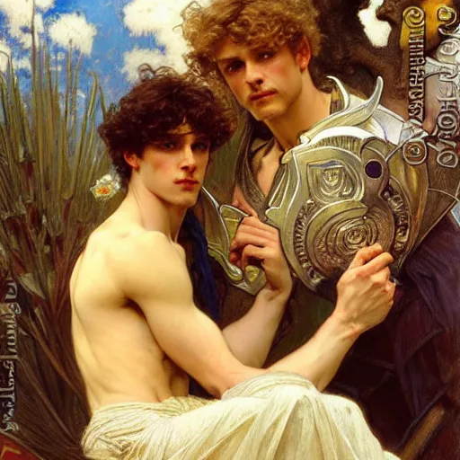 Image similar to manly arthur pendragon and manly merlin. focus on their faces. highly detailed painting by gaston bussiere, j. c. leyendecker, alphonse mucha, greg rutkowski, 8 k