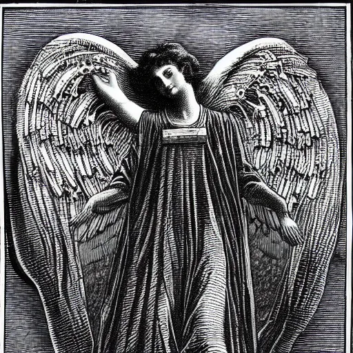 Prompt: angel with old 1 9 1 0 s computer style of gustave dore, eniac!! lots of wires!, moon and stars