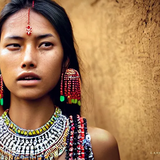 Image similar to portrait of a stunningly beautiful alluring nepalese tribal female, depth of field, zeiss lens, detailed, symmetrical, centered, fashion photoshoot, by annie leibovitz and steve mccurry, david lazar, jimmy nelsson, breathtaking, 8 k resolution, extremely detailed, beautiful, establishing shot, artistic, hyperrealistic, beautiful face, octane render