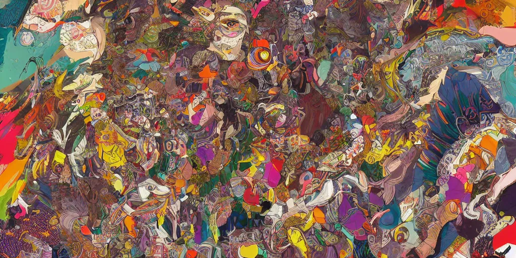 Prompt: colorful illustration of a million fighting roosters, mix of styles, collage of styles, abstract, surreal, intricate, highly detailed, ghost in the shell color scheme