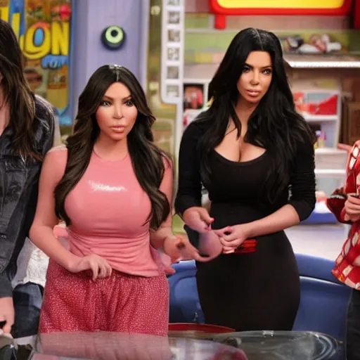 Image similar to Icarly with kim kardashian as Carly, 8k full HD photo, cinematic lighting, anatomically correct, oscar award winning, action filled, correct eye placement,