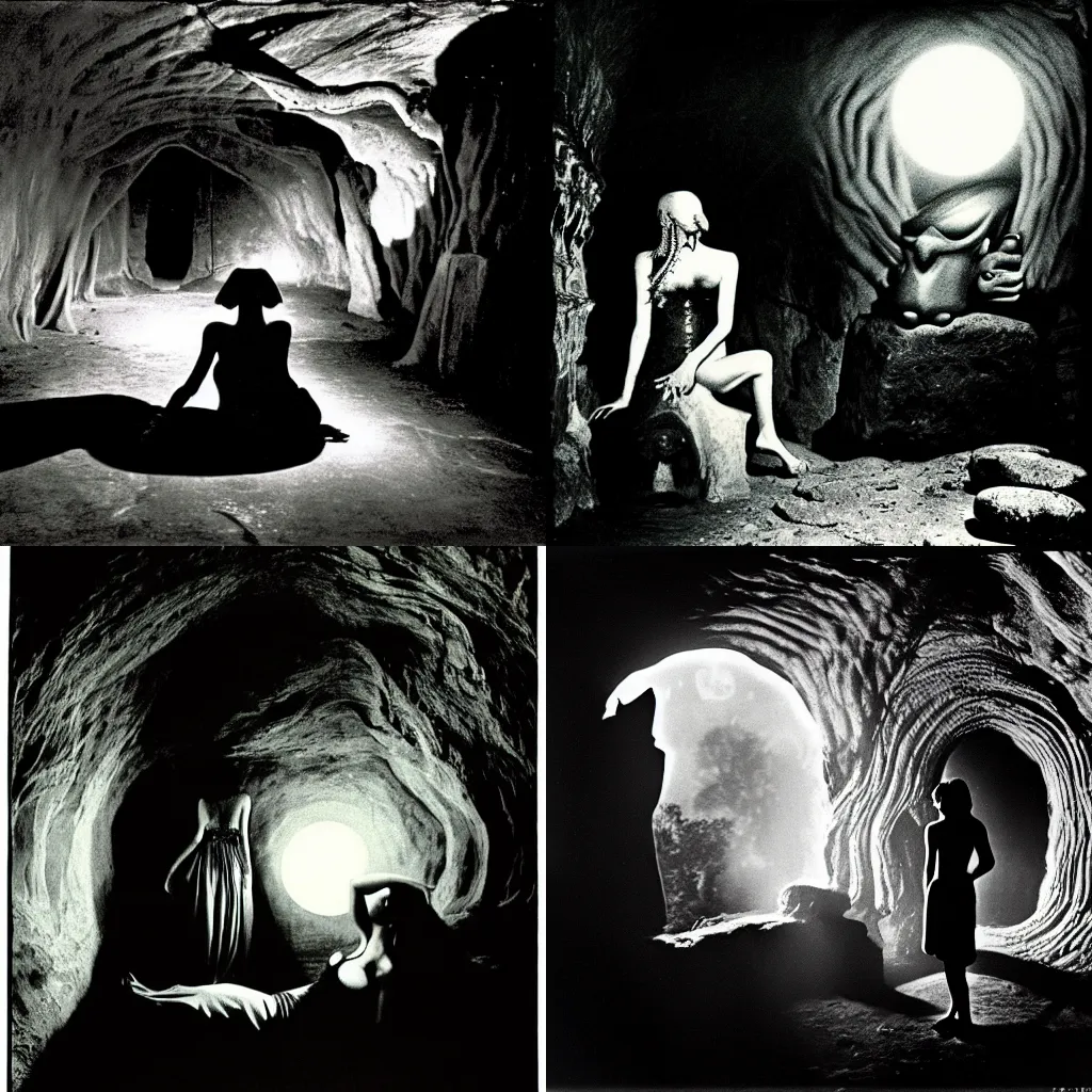 Prompt: a masterpiece surreal photograph of a demon goddess, inside a gothic cave, moonlight, by alfred hitchcock, by henri cartier - bresson, by sohrab hura, by raghu rai, shot on large format film camera, cinematic composition,