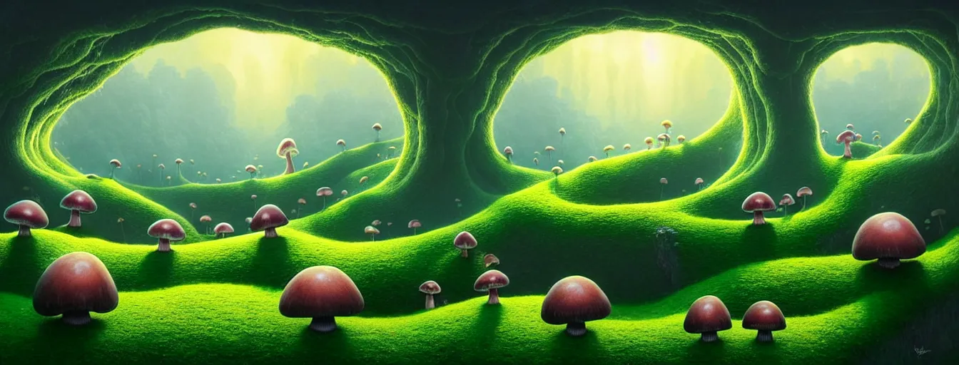 Image similar to gediminas pranckevicius holes everywhere, beautiful and stunning professional digital artwork of a glowing mushroom cave, haze, spores floating in the air, vines, water, volumetric lighting, hyperrealistic, rtx on, ultra detail, barlowe wayne, maxfield parrish and marco mazzoni, miniature | no signature!