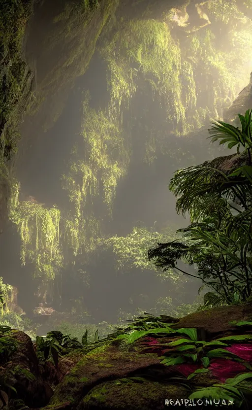 Image similar to a beautiful render of a dark prehistoric rainforest in a humongous cave, lush flora, patches of yellowish - magenta sky, sunset, floating mountains and a waterfall in the background, intricate detail, hazy, humid, volumetric lighting, 8 k, photorealistic, raytracing effects, unreal engine 5