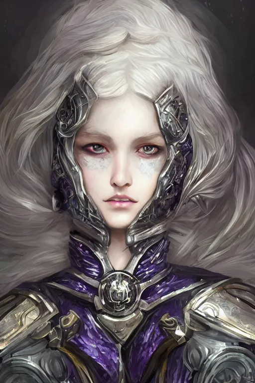 Prompt: portrait evilly white hair knights of Zodiac girl, metalic deep purple and black reflected armor, in ruined Agora of Athens thunder sparkling flash night, ssci-fi and fantasy and intricate and very very beautiful and elegant, highly detailed, digital painting, artstation, concept art, smooth and sharp focus, illustration, art by tian zi and WLOP and alphonse mucha