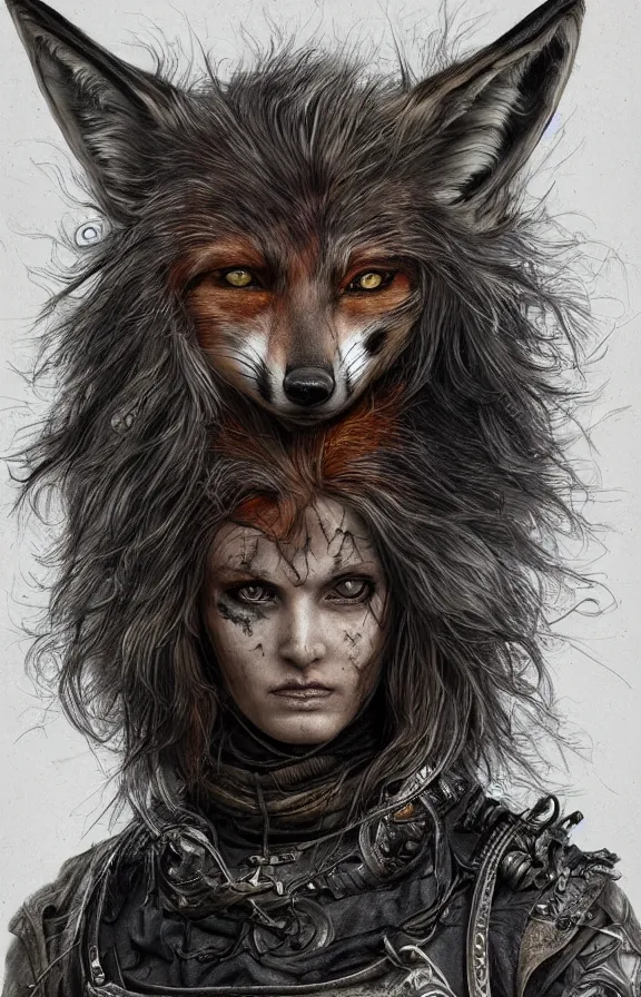 Prompt: realistic detailed portrait of fox warrior, post apocalyptic, gritty, art nouveau, victorian, neo - gothic, gothic, character concept design