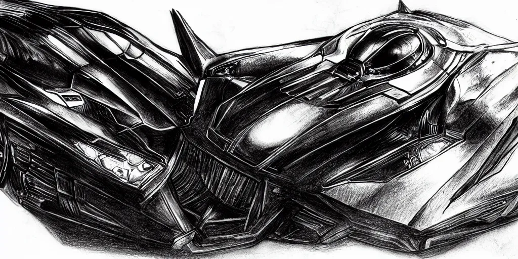 Image similar to ballpoint pen drawing of the batmobile, batman, arkham knight