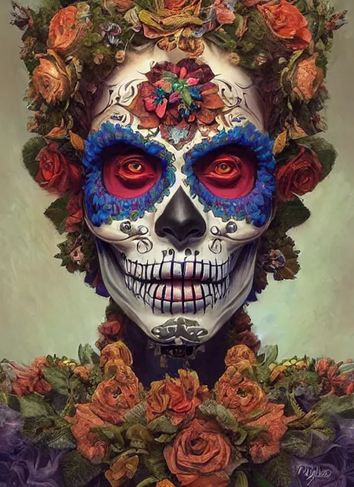 Image similar to digital _ painting _ of _ dia de los muertos _ by _ filipe _ pagliuso _ and _ justin _ gerard _ symmetric _ fantasy _ highly _ detailed _ realistic _ intricate _ port