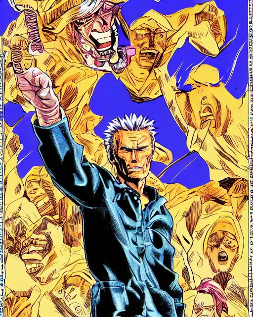 Image similar to Digital color pen drawing of Clint Eastwood from JoJo\'s Bizzare Adventure, highly detailed, sharp focus, screentone shading, 1990 manga panel, trending on ArtStation, manga cover art drawn by Hirohiko Araki