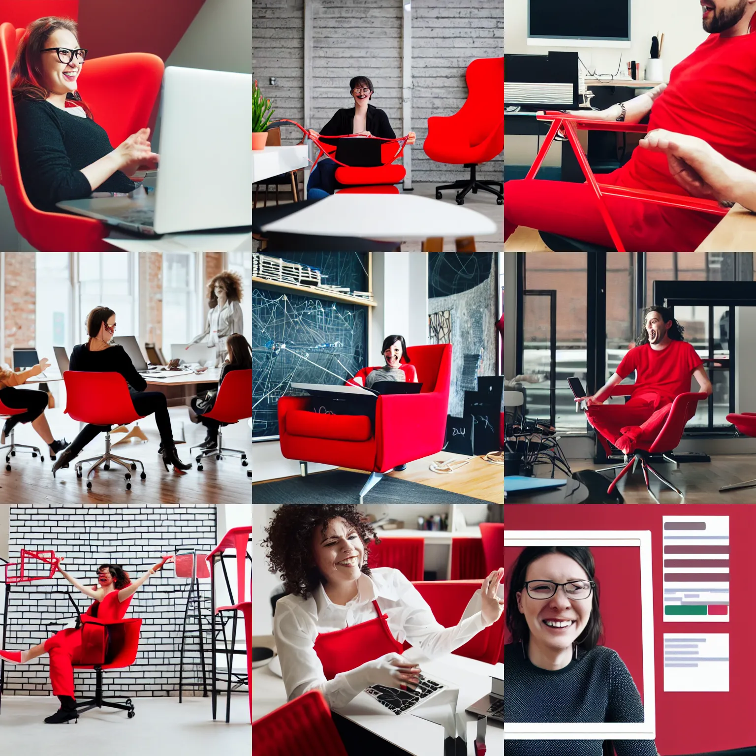 Image similar to a ux designer having loads of fun in a red chair with a big team creating wire frames