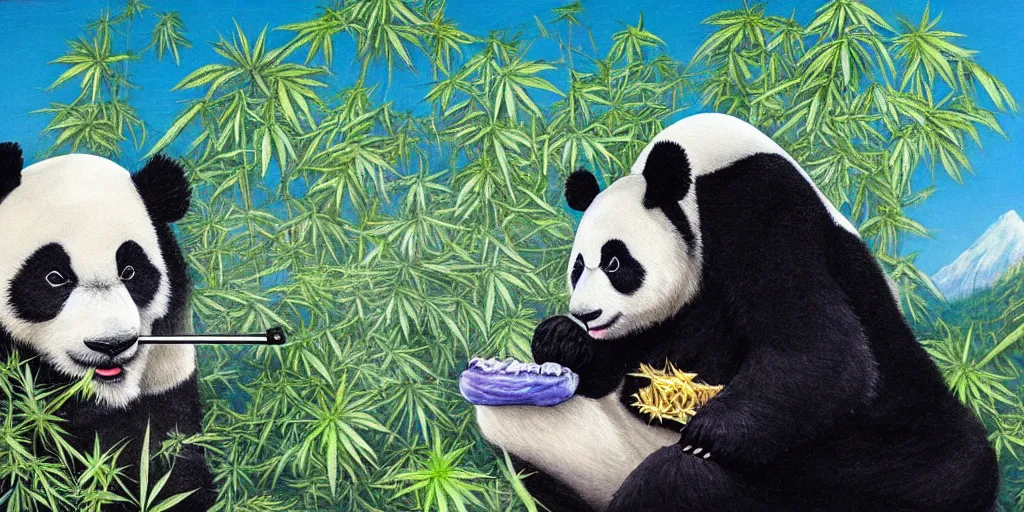 Image similar to Panda smoking marijuana looking into the distance over a cliff at endless crystal structures, a surrealist painting by Chris Rheiman.