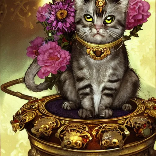 Prompt: A heraldic queen kitty cat with big cute eyes and her paw raised like a maneki-neko and flowers around, D&D, fantasy, intricate, cinematic lighting, highly detailed, digital painting, artstation, concept art, smooth, sharp focus, illustration, art by Akihiko Yoshida, Greg Rutkowski and Alphonse Mucha