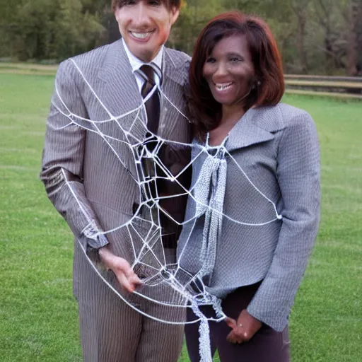 Image similar to Photostock of a soccermom happily married to a giant tarentula. The giant tarentula looks very corporate, wears a tie and weave a web around his wife.